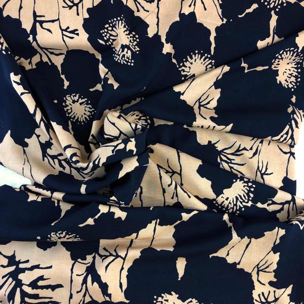 Bamboo Popeline Druck camel, Blumen marine